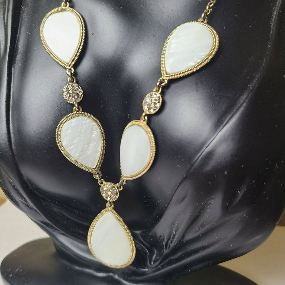 Monet Faux MOP & Rhinestone Teardrop Gold Tone Necklace & Earrings Set - Picture 3 of 10